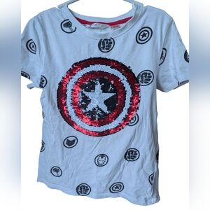 H&M White Short-Sleeve Tee with Red & Silver Sequin Shield